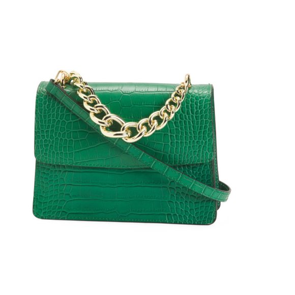 CHEVAL Green Made In Italy Leather Croc Crossbody With Chunky Chain Handle - Picture 1 of 2